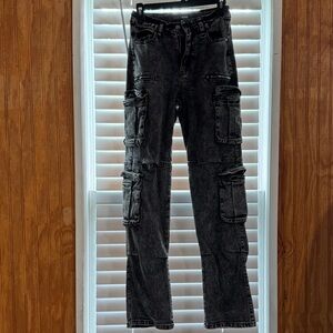 Fashion Nova Black Top with Washed Grey Straight-Leg Cargo Jeans